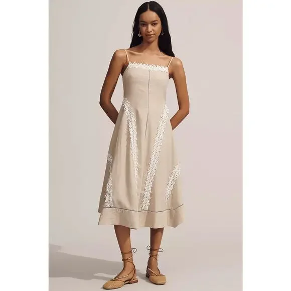 NWT Anthropologie Linen Blend Sleeveless Square-Neck Midi Dress $198 X-LARGE Tan - Picture 1 of 4